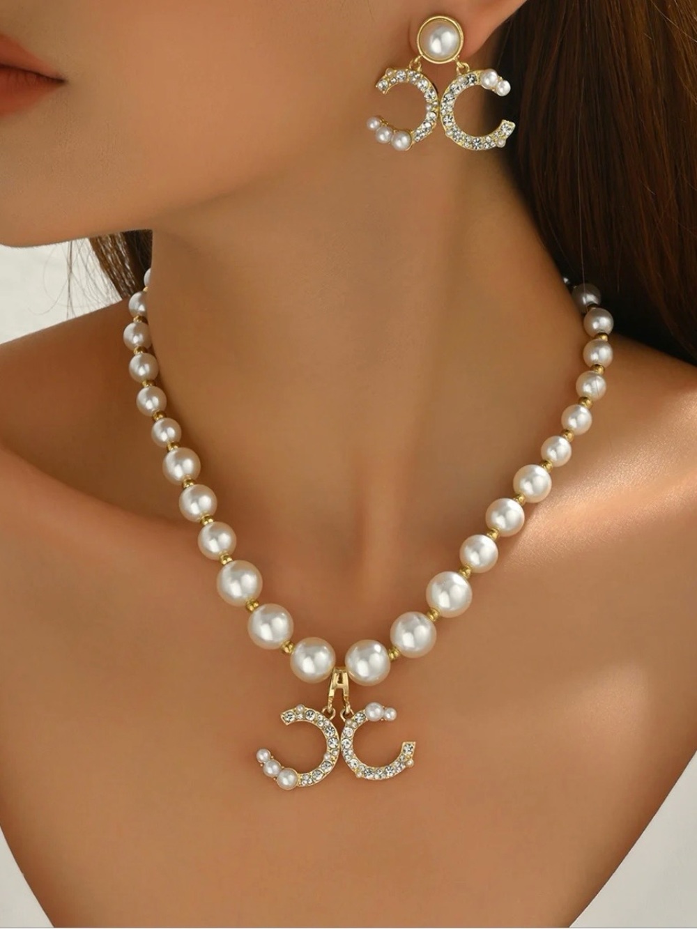 Gold & Pearl CC Pendant Necklace and Earrings Set - NWOT